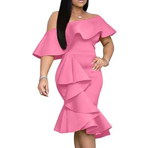 GOBLES Women's Elegant Off The Sholder Back Zipper Ruffles Bodycon Midi Cocktail Dress Carmine Rose, Size Medium GOBLES Women's Elegant Off The Sholder Back Zipper Ruffles Bodycon Midi Cocktail Dress Carmine Rose, Size Medium