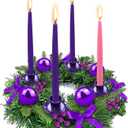 [Safety Fire Retardant] Purple Christmas Advent Wreath Decoration, Lifelike Feel 4 Advent Candle Holder Centerpiece Christmas Decorations Gift for Church Holiday Home Indoor Ribbons Balls(No Candles)