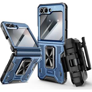 VEGO for Samsung Flip 6 Case with Belt Clip Holster, Hinge Protection Case with 360 Ring Kickstand & Camera Screen Protector Heavy Duty Protective Armor Cover for Galaxy Z Flip 6 - Blue