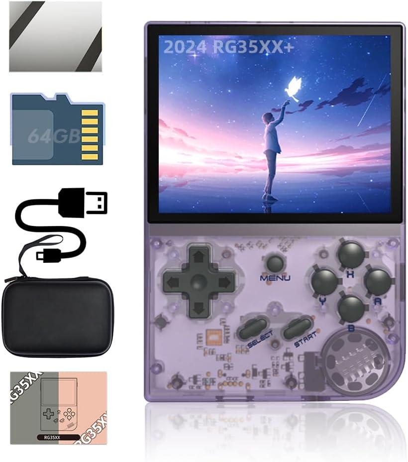 RG35XX 2024 Handheld Game Console 3.5 inch IPS Retro Games Consoles Classic Emulator Hand-held Gaming Console Hand Held Video Games System with Portable Case 64GB Transparent Purple