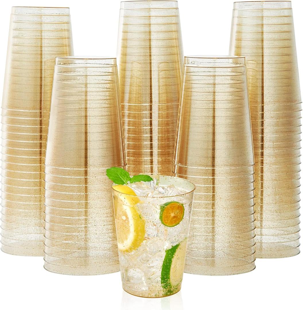 JOLLY CHEF 200 Pack 10 oz Gold Glitter Plastic Party Cups, Disposable Plastic Tumblers, Gold Drinking Glasses with Glitter Suitable for Wedding, Thanksgiving Day, Christmas Halloween