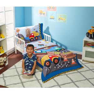 EVERYDAY KIDS 4 Piece Toddler Bedding Set - Under Construction - Includes Comforter, Flat Sheet, Fitted Sheet and Reversible Pillowcase