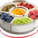 12" Divided Rotating Serving Tray with Lid and Handle  Clear Snack Spinner Organizer and Storage 12 Inch Portable Snackle Box for Fruits Snacks Veggie Charcuterie with 6 Compartments (White)