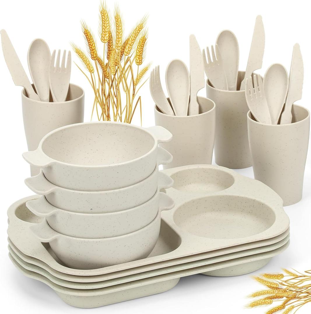 24 PCS Wheat Straw Dinnerware Set for Kids Toddler Plate Bowl Cup Set Unbreakable BPA-Free Tableware with Divided Plate Microwave Dishwasher Safe Perfect for Home School Picnics (Beige)