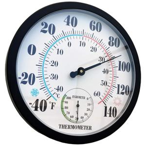 Indoor Outdoor Thermometer Large Wall Thermometer-Hygrometer Waterproof Does not Require Battery (Black) (10 Inch)