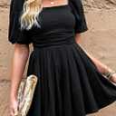 AlvaQ Womens Summer Cute Puff Sleeve Elastic Square Neck Mini Short Romper with Pockets (Small)