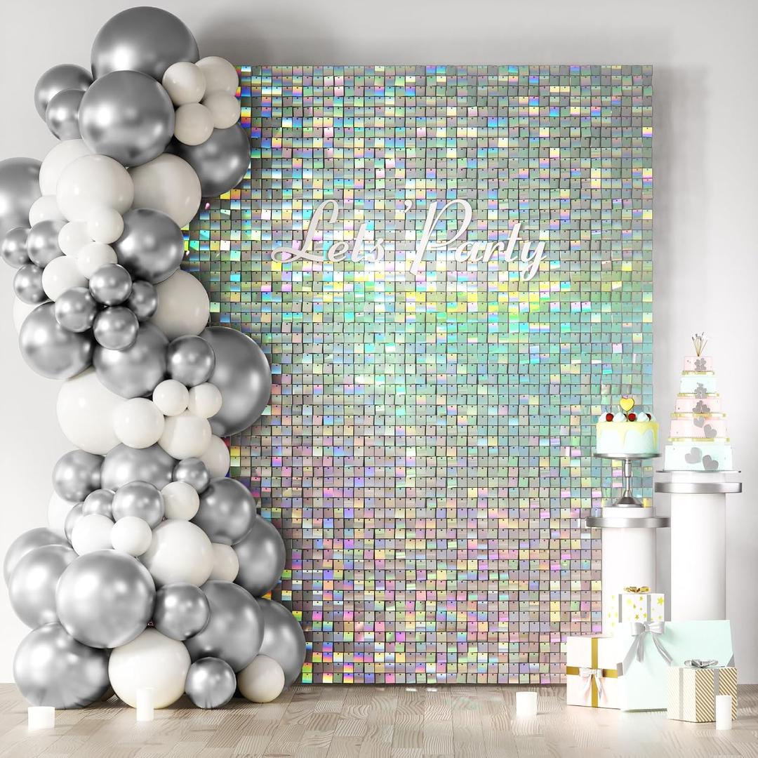 COKAOBE Iridescent Silver Shimmer Wall Backdrop, 24 Panels Square Sequin Shimmer Backdrop, Photo Backdrops for Birthday, Anniversary, Wedding, Graduation & Bachelorette Party Decoration