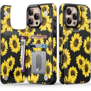 LETO for iPhone 16 Pro Wallet Case - Flip Folio Leather Kickstand - Fashionable Flower Designs - Credit Card Holder - Protective Phone Cover for Women and Girls - 6.3" - Blooming Sunflowers