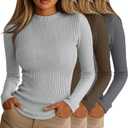 Riyiper 3 Pack Women's Ribbed Shirts, Mock Turtleneck Long Sleeve Tops Slim Fitted Undershirts Casual Basic Layering Tees (Gray, Light Gray, Chestnut) S
