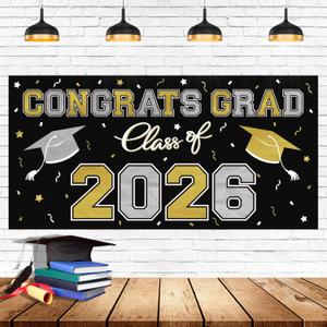 8 x 2026 Graduation Party Plastic Backdrop - 65" x 32.7" Congrats Grad Banner in Black, Large Class of 2026 Decorations, Photography & Grad Party Supplies