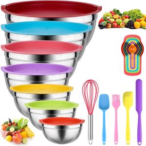Mixing Bowls with Lids for Kitchen - 26 PCS Stainless Steel Nesting Colorful Mixing Bowls Set for Baking,Mixing,Serving & Prepping,Size 5, 3.7, 2.8, 2.3, 1.7, 1.1, 0.7QT,11 Cooking Utensils