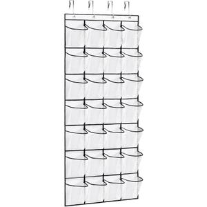 VOPTON 28Large Pockets Over The Door Shoe Organizer, Hanging Shoe Organizer for Closet, Premium Clear Shoe Rack for Door, Shoes Hanger Organizers Storage Holder for Back of Door and 4Metal Hook White