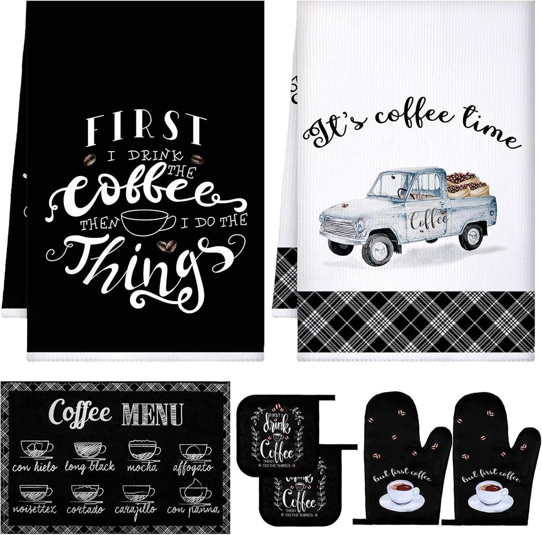 Bencailor 6 Pcs Kitchen Towels and Pot Holder Sets, Oven Mitts and Dish Cloths Microfiber Tea Towels Dish Cloths Kitchen Accessories for Coffee Tea Pot Christmas (Coffee Style,Black, White)