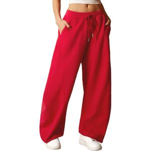 ELLEVEN Women's Y2K Wide Leg Sweatpants - High Elastic Waist Baggy Pants with Pockets & Adjustable Ankle Drawstring Cuffs (Medium, Red)