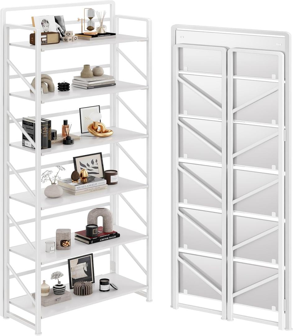JSB No Assembly Folding Bookshelf, 6 Tier Industrial Metal Book Shelf for Storage, Vintage Wood Foldable Bookcase for Living Room, Bedroom, Office Organization Shelves (All White)