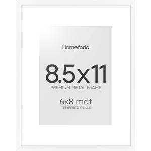 Homeforia White Picture Frame 8.5 x 11, High End Metal 8.5x11 Poster Frames with Mat 6x8 Photo, 8.5 x 11 Frame Matted to 6 by 8 Art, 8.5by11 Wall or Tabletop Frames, Tempered Glass, Wall Kit, Set of 1