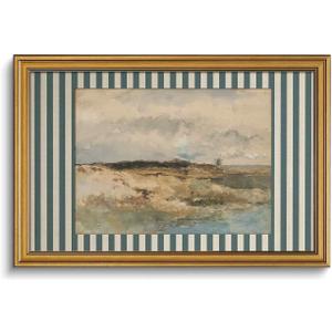 Coastal Landscape Wall Art Striped Lake Wall Decor Gold Framed 16x24 In