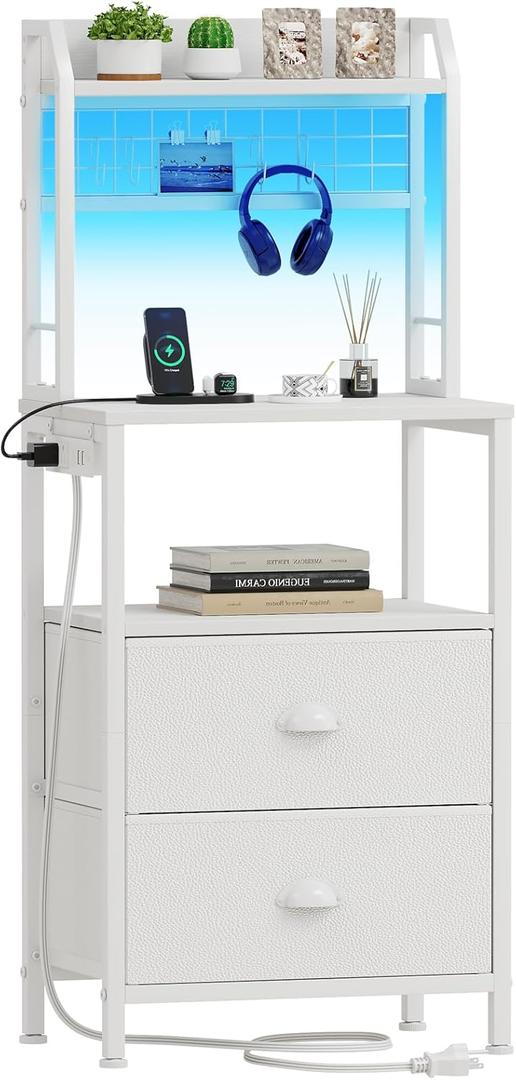 Furologee 40'' Tall Nightstand with Charging Station, Bedside Table with LED Lights, End Table with 2 Drawers and Storage Shelves, Night Stand with Pegboard for Bedroom, White