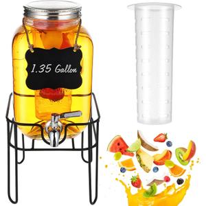 Drink Dispenser 1.35 Gallon Glass Beverage Dispenser with Stand & Stainless Steel Spigot, Drink Dispensers for Parties with Fruit Infuser for Lemonade, Iced Tea, Juice, Laundry Detergent