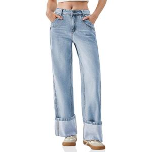PLNOTME Womens Baggy Jeans Boyfriend Wide Leg Trendy Casual Mid Rise Cuffed Hem Denim Pants with Pockets