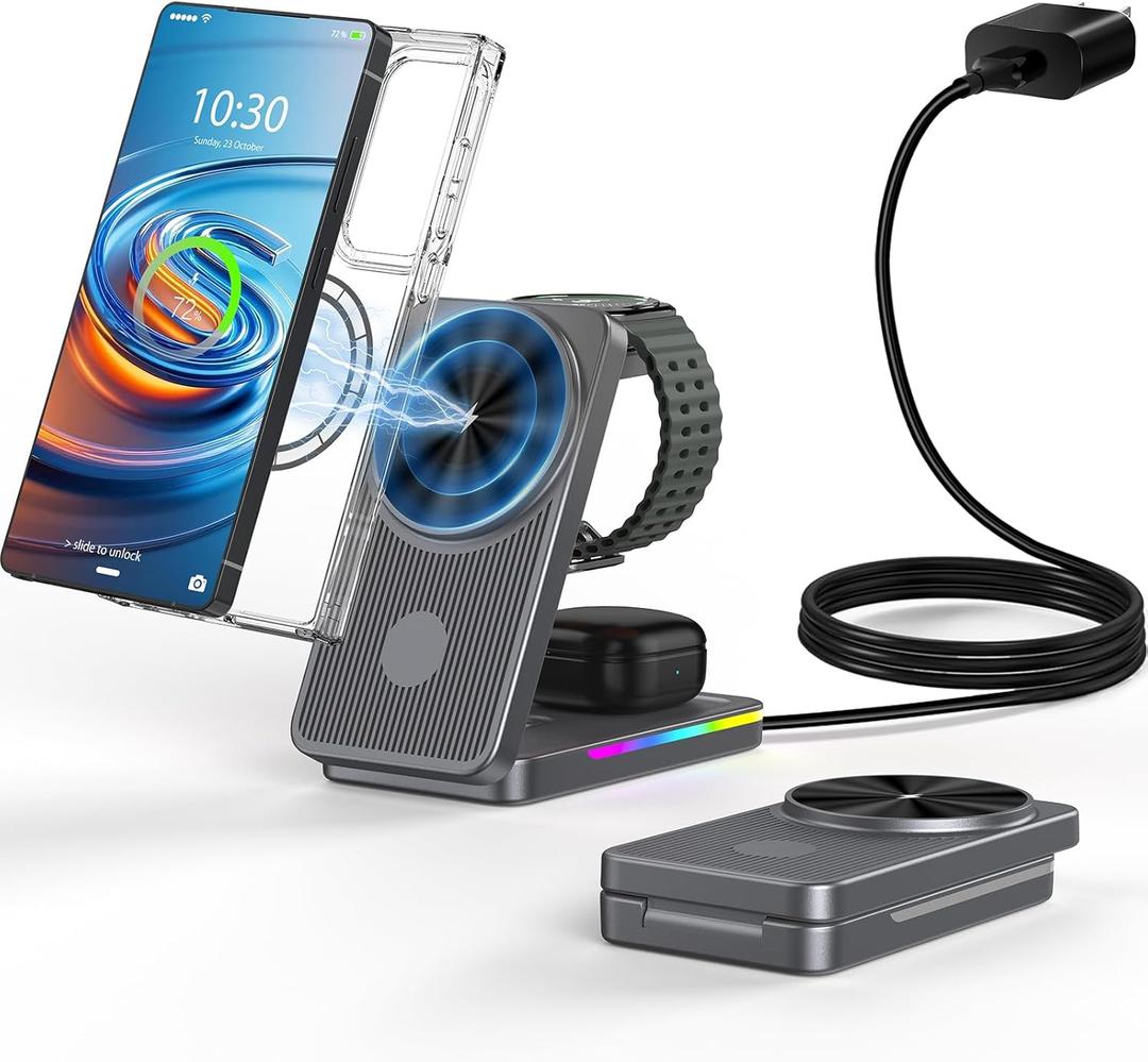 3 in 1 Magnetic Wireless Charger for Samsung, Foldable MagSafe Wireless Charging Station for Samsung Galaxy S25Ultra/Z Fold7/Flip7/S24, Watch Charger for Galaxy Watch 8/Ultra/7/6/5/4/Buds (Grey)