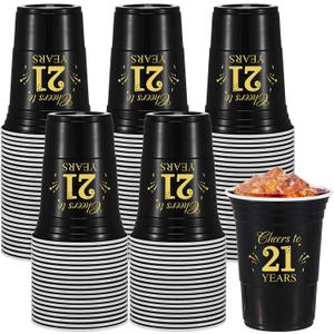 Ziliny 50 Pack 21st Birthday Decorations Birthday Cups 16 oz Disposable Plastic Gold and Black Cheers to 21 Years Cups for Men Women Hot Cold Drinks for Wedding Anniversary Supplies