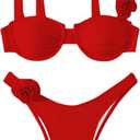 Women's 2 Piece Rose Floral Appliques Bikini Set Elegant Ruched Underwire Swimsuit High Cut Bathing Suit (Red, XS)