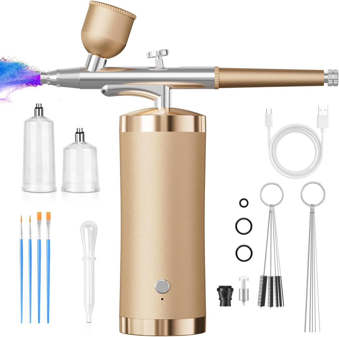 Airbrush Kit With Compressor 48PSI Rechargeable High Pressure Air Brush Set Cordless Airbrush Kit with 0.3mm Nozzle for Painting,Nail Art, Cake Decor,Makeup,Modeling (Golden)