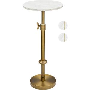 Adjustable-Height Marble Drink Table - 10x10x22-30, White Marble & Antique Brass, Modern Round End Table, Side Table with Pedestal Stand for Small Spaces, Vintage Metal Martini Cocktail Accent, 10-INCH WIDE TOP