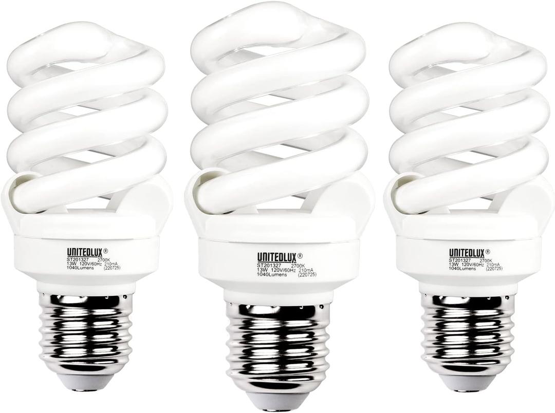 E26 Spiral CFL Light Bulbs Medium Base 13Watt (60Watt Equivalent) Soft White 2700K, 1040Lm Non-dimmable Compact Light, (3 Pack)