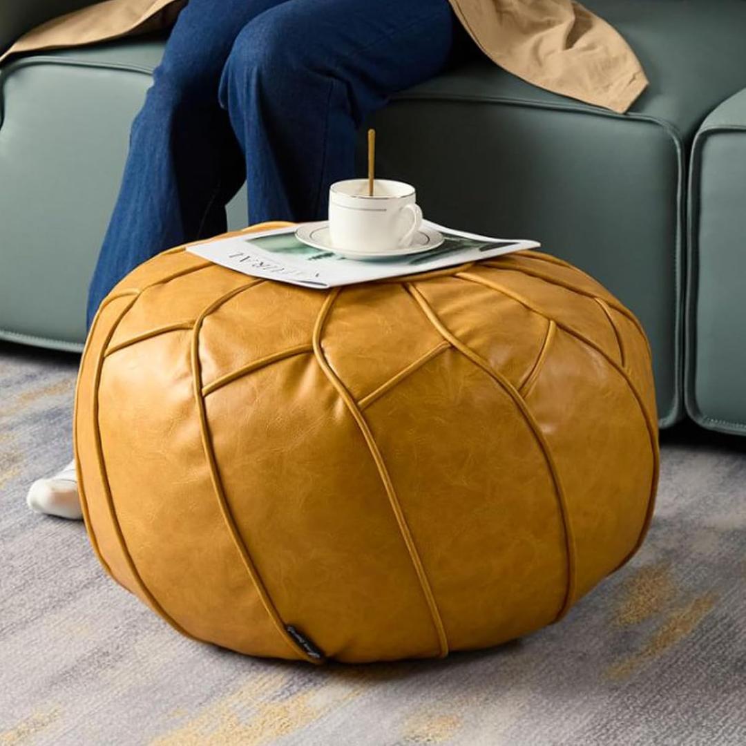 Louis Donn Moroccan Pouf Cover Unstuffed Waterproof Faux Leather Ottoman Foot Rest, Round Storage Bean Bag Chair for Stuffed Animals, Boho Floor Cushion for Living Room Patio, (Yellow)