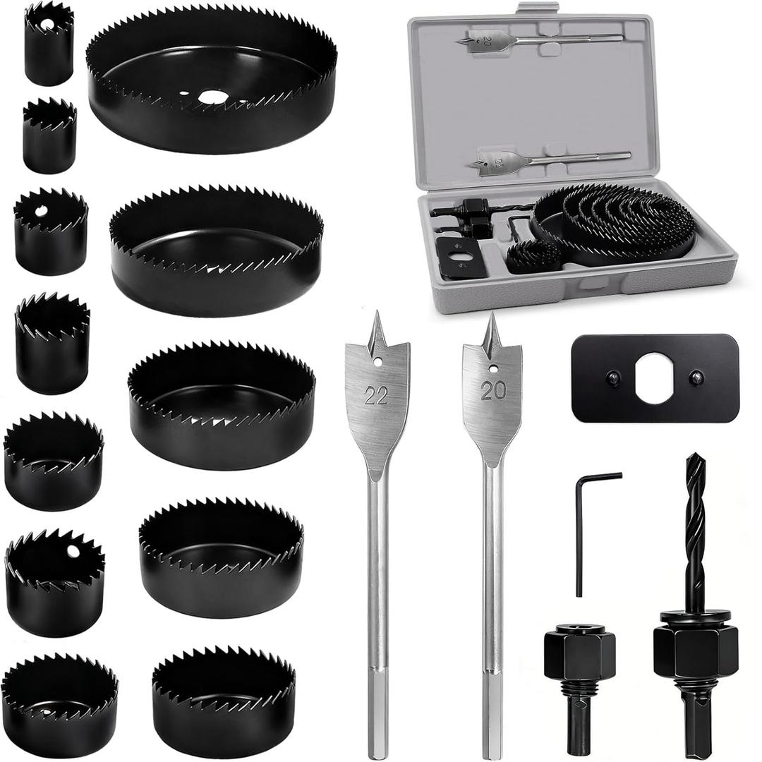 18Pcs Hole Saw Kit,Wood Hole Saw Set with 3/4in-5in Hole Saws,Mandrels,Drill Bits,Installation Plate,Hex Wrench,Flat Saw,Storage Case for Wood,Plywood,PVC,Drywall,Plastic