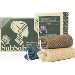 SubSahara Authentic African Net Sponge - 3 Pack Exfoliating Bath & Shower Loofah Sponge for Body & Face, Gentle Scrubber for All Skin Types, Travel, Durable