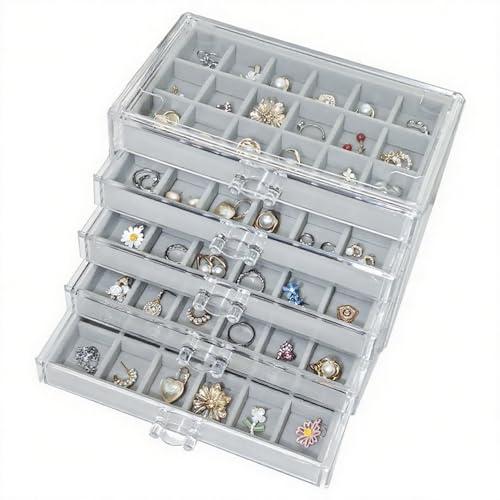 HOUKANWE Acrylic Earring Holder Organizer with 5 Drawers Clear Earring Organizer Box with 90 Adjustable Grids Velvet Earring Display Case Jewelry Organizer for Earrings Rings Studs (Grey)