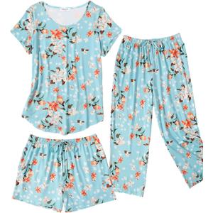 Ekouaer 3 PCS Capri Pajamas for Women Set Short Sleeve Pajama Sets Floral Pj Sets Soft Sleepwear with Pockets (X-Large, Green Flowers) Ekouaer 3 PCS Capri Pajamas for Women Set Short Sleeve Pajama Sets Floral Pj Sets Soft Sleepwear with Pockets (X-Large, Green Flowers)