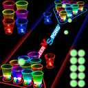 YHFUISK Glow in The Dark Beer Pong Table Mat, Drinking Game Pong Game with Party Cups, Glow Pongs for Indoor Outdoor Party Game Party Supplies Decoration Flashing&Red&Blue1