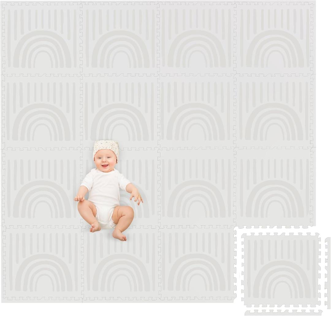 Play Platoon Non-Toxic Large Kids Play Mat, 16 Foam Mat Tiles 96 x 96 inch - Extra-Thick Interlocking Comfortable 24 x 24 in. Puzzle Baby Play Mats for Floor, Neutral Baby Play Mat Rug for Toddlers (Boho Rainbow)