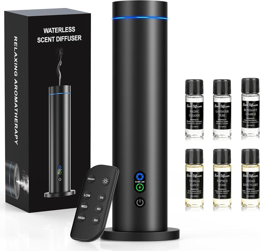 Maromalife Waterless Diffuser, Essential Oil Diffuser, 1000 Sq.Ft Coverage Scent Diffuser Plug-in Only, Adjustable Mist, Remote, Mood Lights for Home & Office, Large Room, Hotel, Black