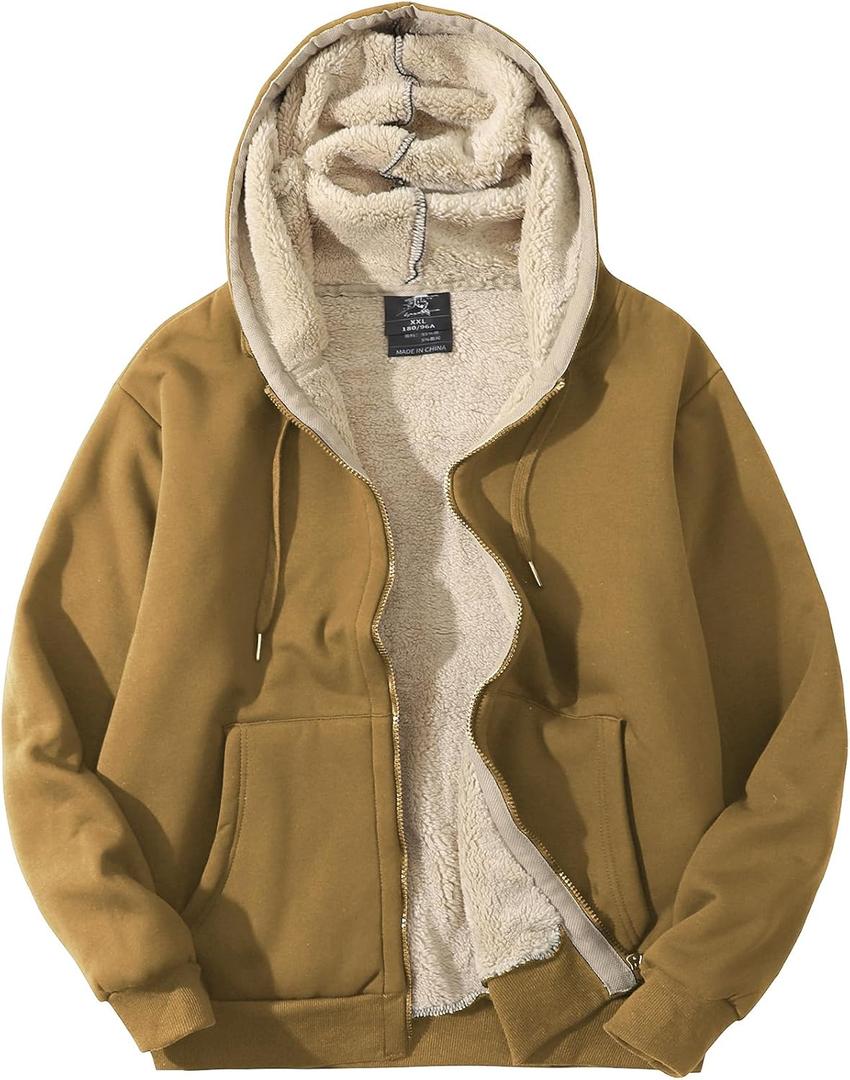 PEHMEA Men's Warm Thicken Fleece Hoodie Sherpa Lined Full-Zip Sweatshirt Jacket (X-Large, Khaki)