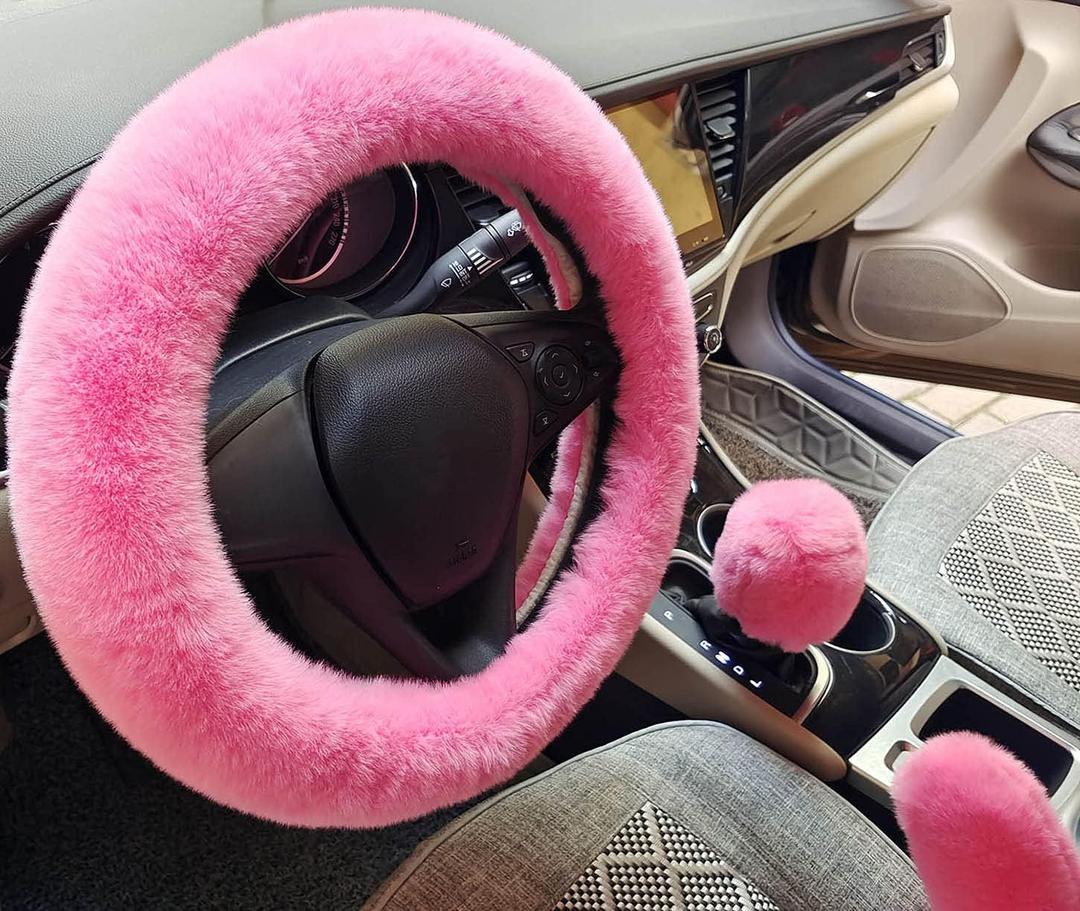 Winter Warm Fluffy Furry Fuzzy Car Steering Wheel Cover,Universal Fit Thickening Faux Rabbit Fur Plush Steering Covers+Gear Shift Cover and+Brake cover-3pcs Set (Pink)