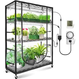 JESLED Indoor Greenhouse with Grow Light, 3FT Full Spectrum 5000K LED Light for Seed Starting, Tiered Lighting Control, Built-in Timer & Thermo-Hygrometer, Rolling Metal Plant Stand (35.4x13.8x59IN)