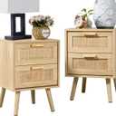 Finnhomy Nightstands Set of 2, Night Stands Set 2 with Hand Made Rattan Decorated Drawers, Nightstand, End Table, Bedside Tables Set of 2 for Bedroom, Natural, 2 Pack