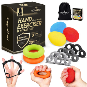 roygra Hand Grip Strengthener, Finger Exerciser, Multiple Resistance Levels Kit - 3 Types, Set of 8