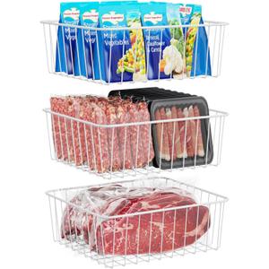 iSPECLE Upright Freezer Organizer Bins - 3 Pack Small Freezer Bins for 5 / 6 / 6.5 / 6.8 / 7 cu.ft Upright Freezer Easy Get, No Food Falling off, Upright Freezer Baskets Allow Air Circulation, White