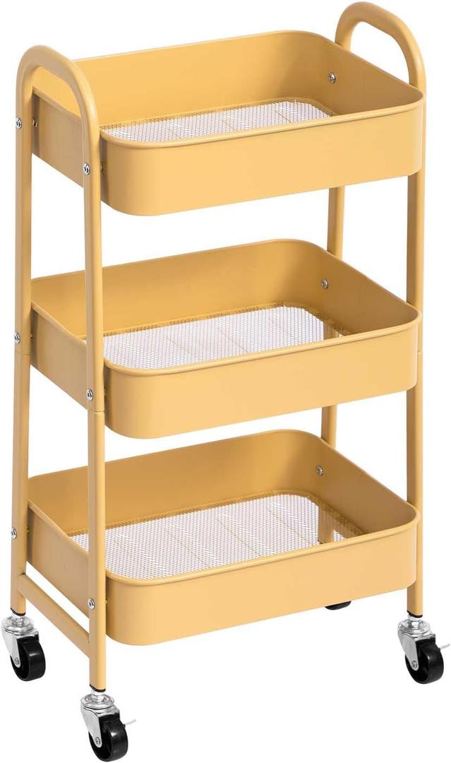 AGTEK 3 Tier Rolling Cart with Lockable Wheels, Metal Utility Cart, Multifunctional Storage for Kitchen, Office, Living Room, Makeup, Craft, Art Studio, Khaki