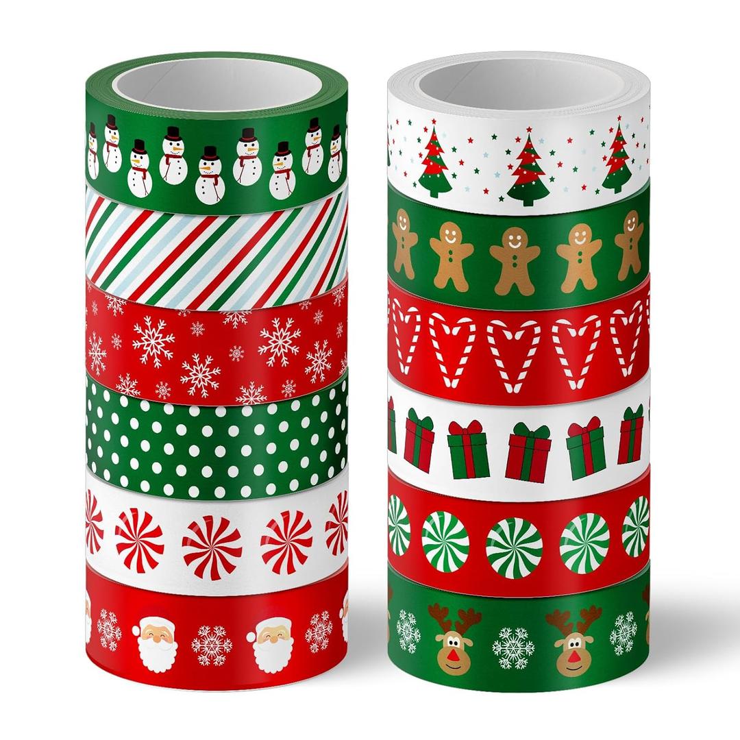 Whaline 12 Rolls Christmas Washi Tape Red Green Xmas Tree Snowman Santa Claus Gingerbread Man Candy Cane Pattern 15mm Decorative Masking Tape for Scrapbook Journal DIY Art Craft Gift Wrapping