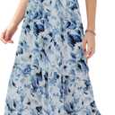 Maxi Skirts for Women with Pockets Long Midi Length Casual Skirt for Holiday (Large, Floral White Blue)