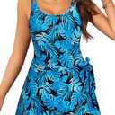 One Piece Swimdress for Women - Tummy Control Swimsuit with Skirt 2025 Wrap Tie Side Bathing Suit Dress (Small, Blue Leaves)