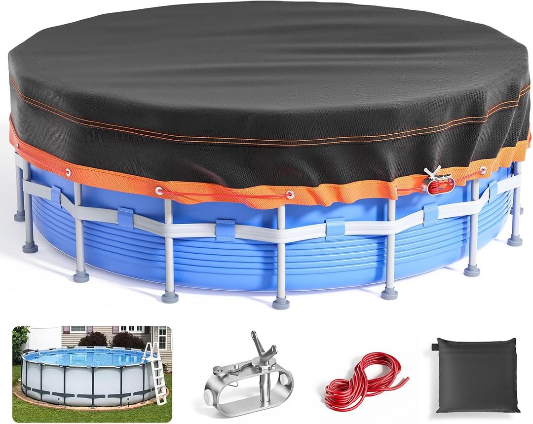 14Ft Round Pool Cover - Solar Covers for Above Ground Pools, Oxford Fabric Pool Covers for Above Ground Pools with Winch and Cable, Waterproof and Dustproof Swimming Pool Cover