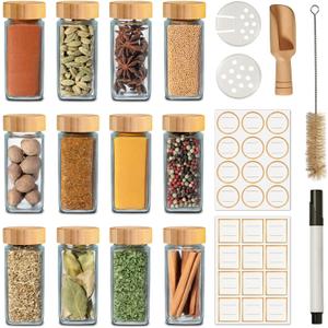 12Pcs Glass Spice Jars with Label - Square Spice Containers 4 oz - Includes Cleaning Brush & Wooden Spoon - Seasoning Jars